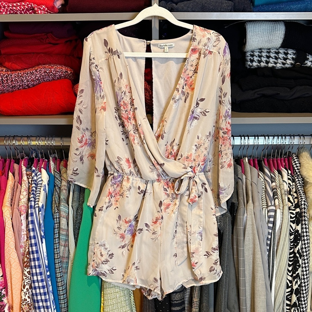 Charlotte Russe beige/pink/purple floral 3/4 sheer sleeve v neck romper size S